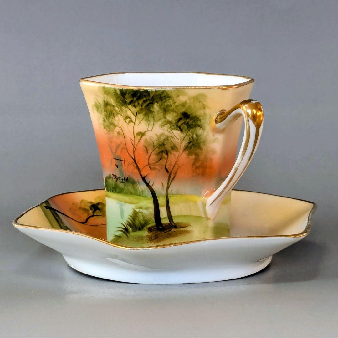 オールドノリタケ 金彩湖畔風景図　六角形ヘキサゴン　キャビネットカップ＆ソーサー