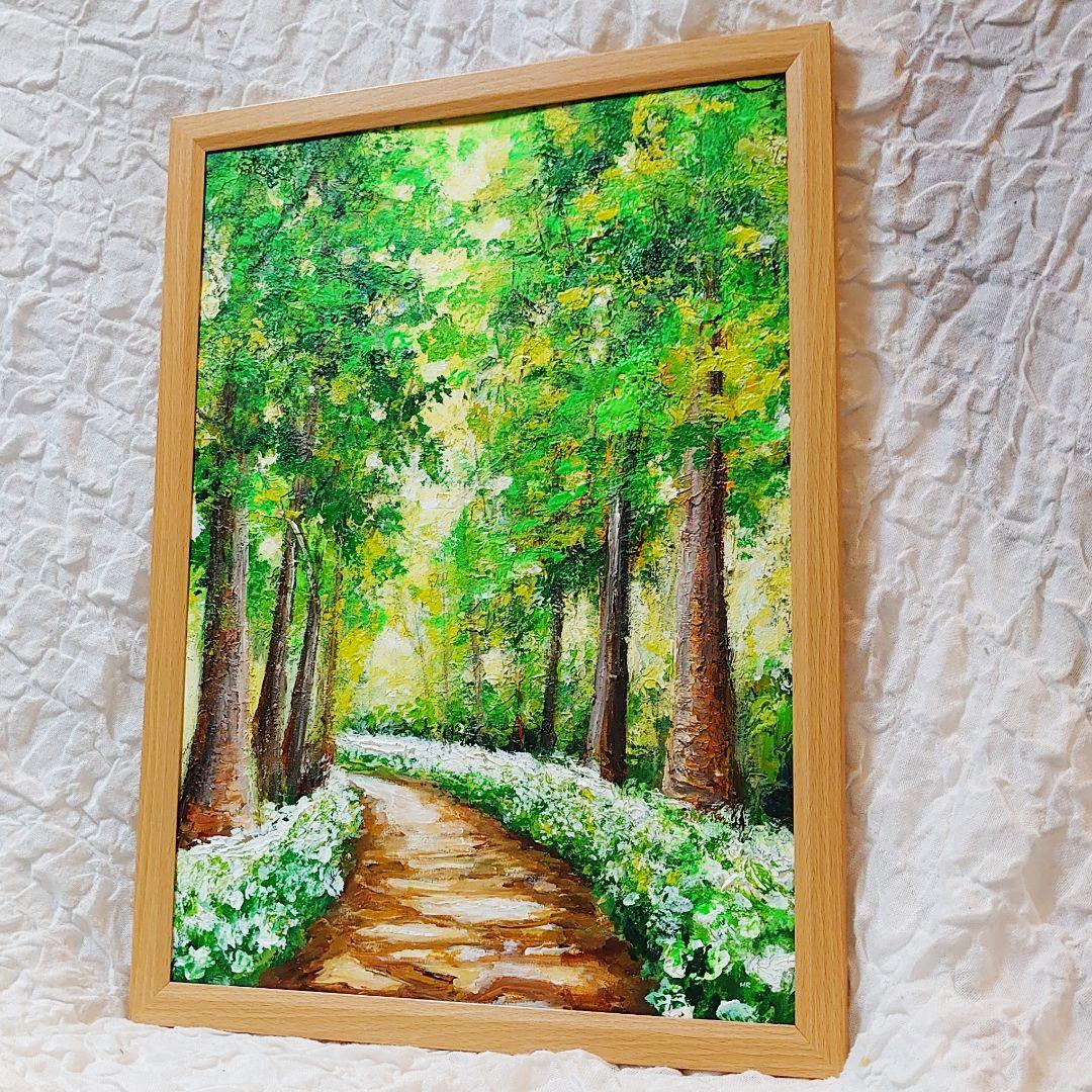 油絵 絵画 【森の白い花道】