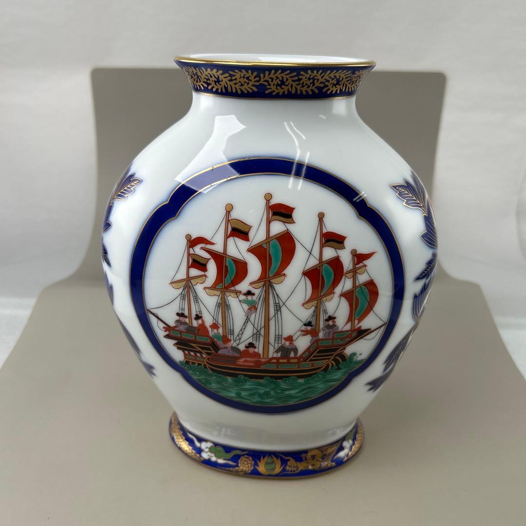 香蘭社 南蛮船 南蛮渡来人 オランダ人 和蘭陀人 金彩 花瓶 花器