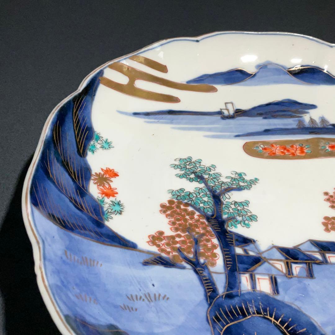 伊万里金襴手山水図八寸皿　Φ24㎝　骨董　古伊万里　江戸幕末　R0918w1ダS