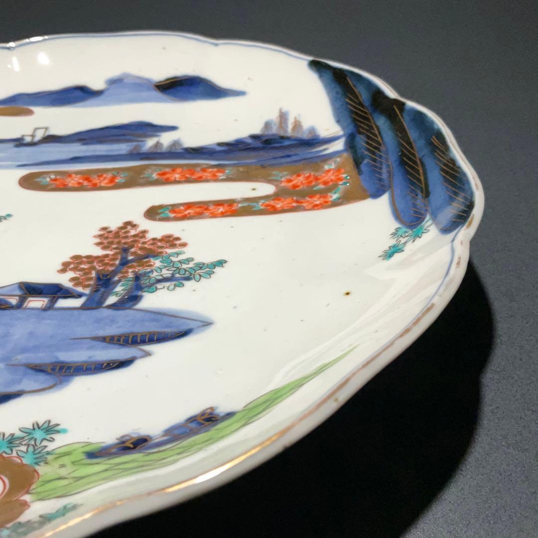 伊万里金襴手山水図八寸皿　Φ24㎝　骨董　古伊万里　江戸幕末　R0918w1ダS