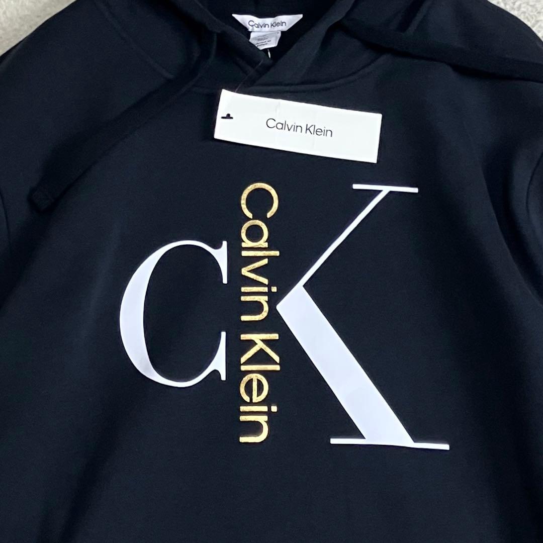 【新品タグ付】カルバンクライン　パーカー　フロントロゴ　裏起毛　L ブラック