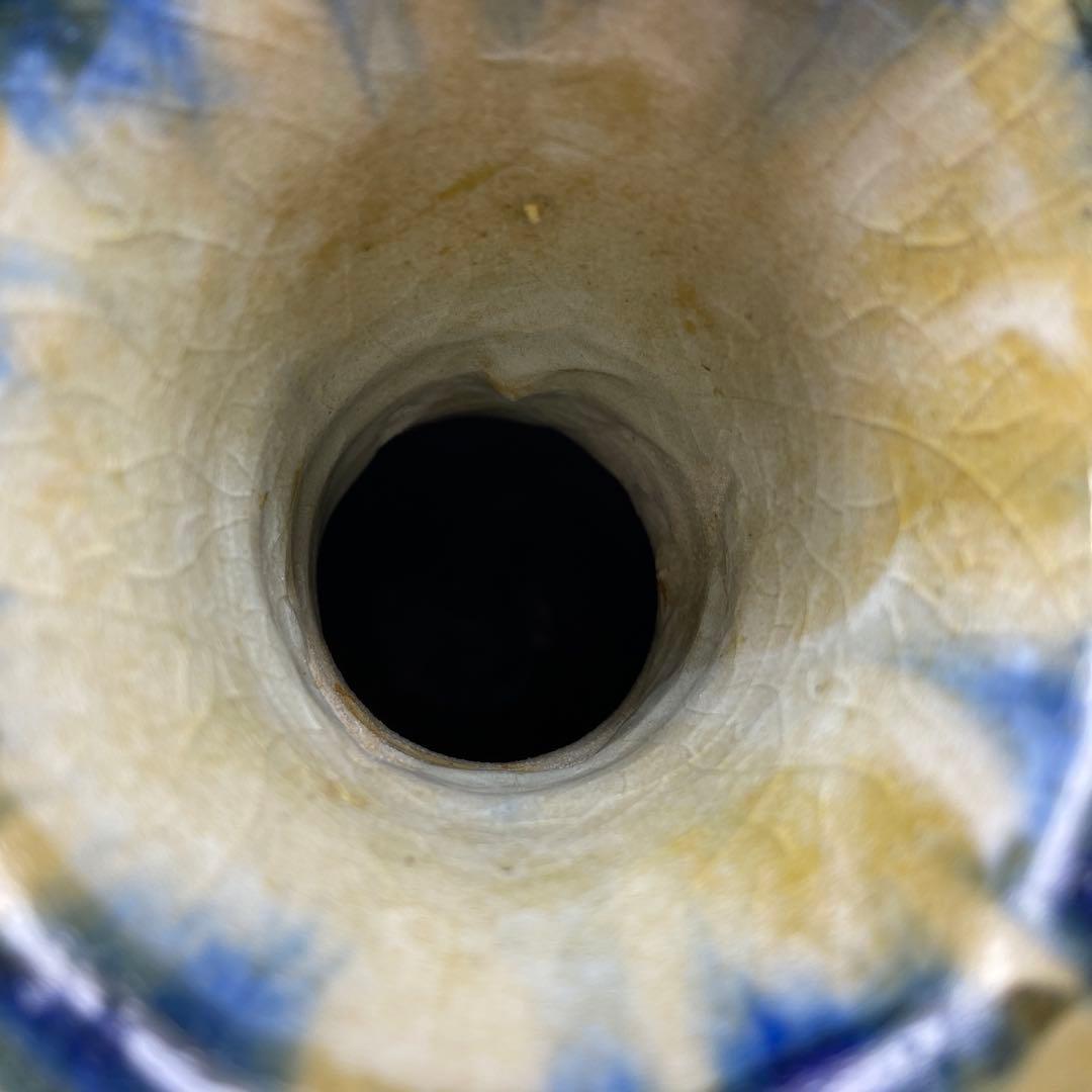 ペルシャ イラン アンティーク 手描き花瓶 青と緑の花模様