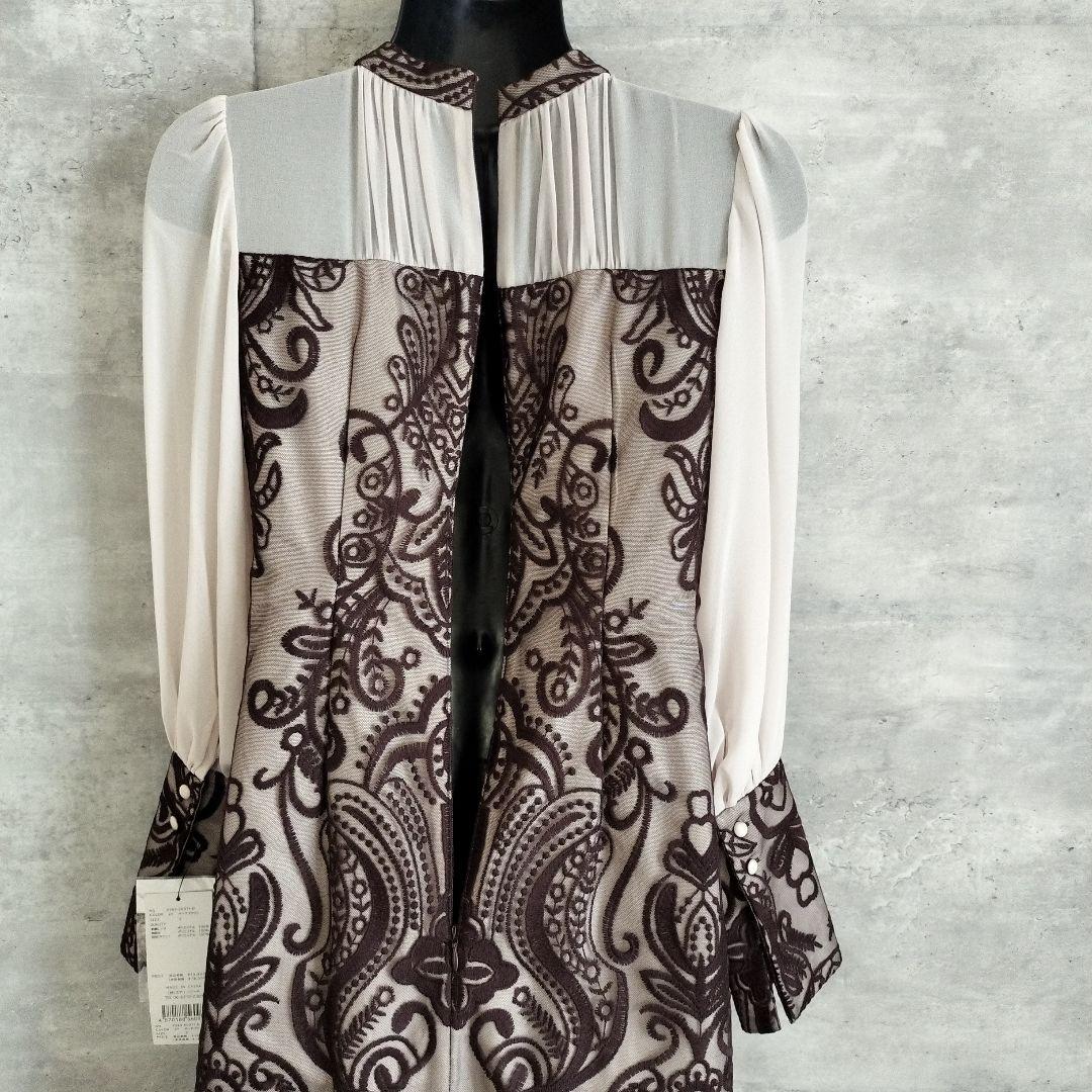 新品ANDRESDパーティードレス S ダークブラウンレースダマスクギャザー刺繍