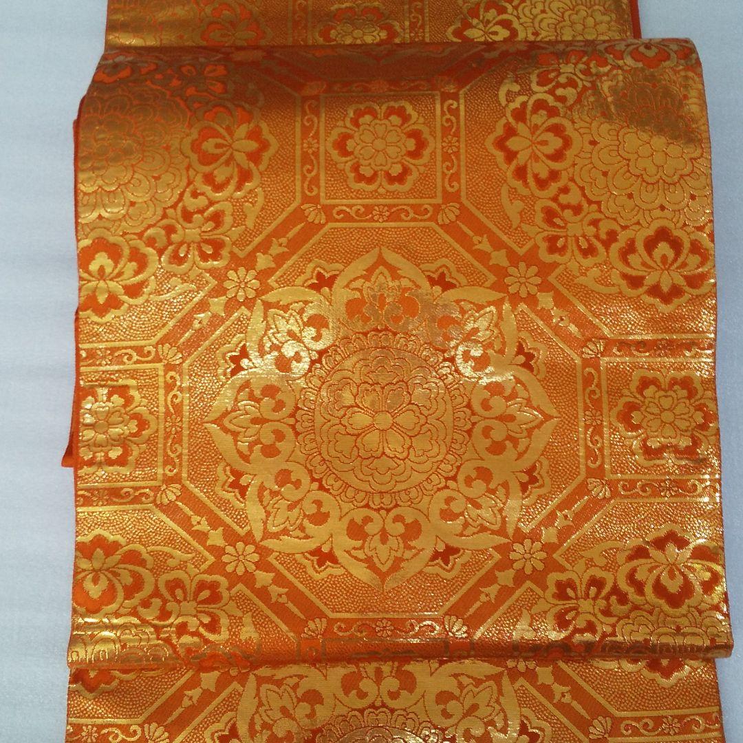 袋帯  正絹  金彩   成人式 袋帯 グリーン 緑 金 正絹 高級品 成人式/参列/振袖】オレンジ帯が