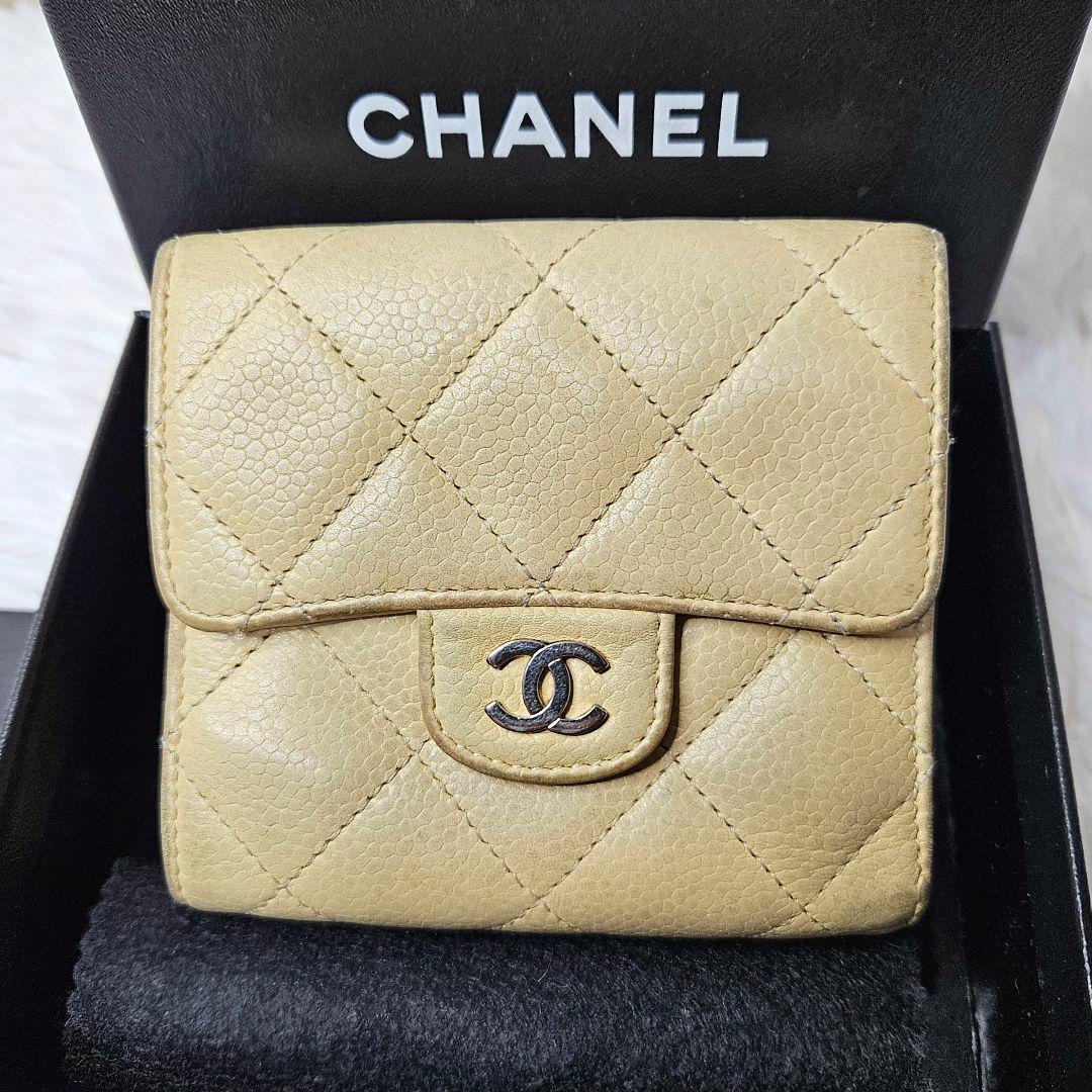 CHANEL マトラッセ 三つ折り財布 キャビアスキン ベージュ 正規品