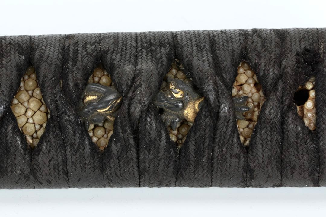 【時代物】日本刀 拵え一式 五種 鮫皮巻 黒呂塗 蜘蛛椿花図 刀装具 武士具