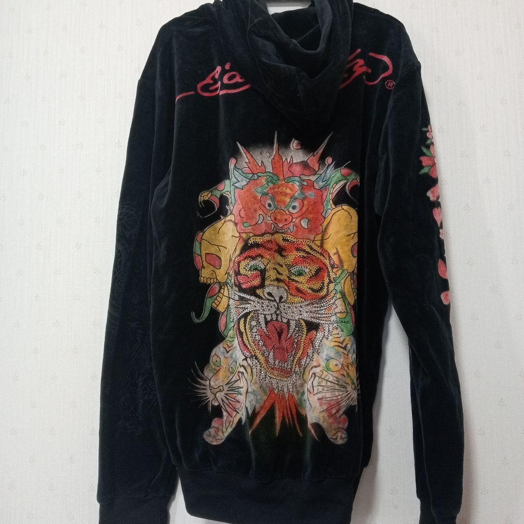 Don Ed Hardy ベロアパーカー XL 虎 黒 刺繍 ジップ メンズ