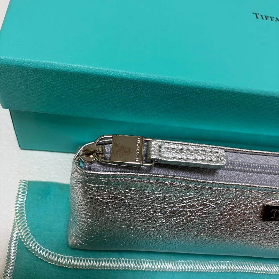 ティファニー ペンケース レザー シルバー×ブルー 美品】ティファニー