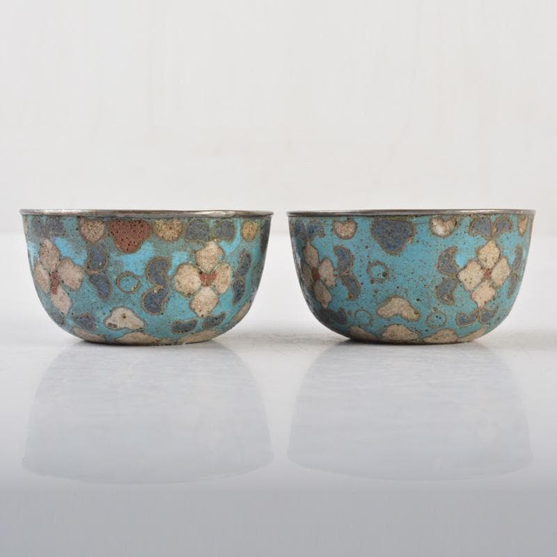 中国　唐物　古七宝内銀張　花草文　盃　一對　M　6628