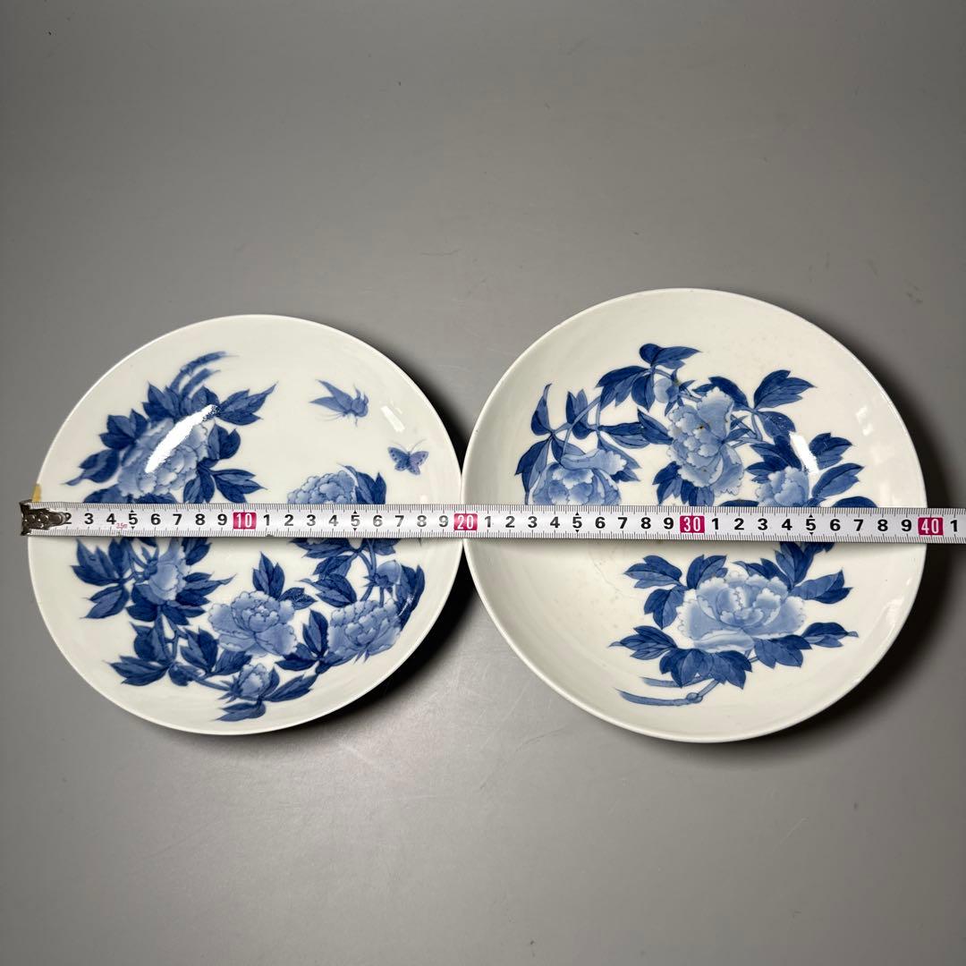 幕末～明治期　古鍋島　染付牡丹蝶図高台皿　古美術　骨董　コレクション