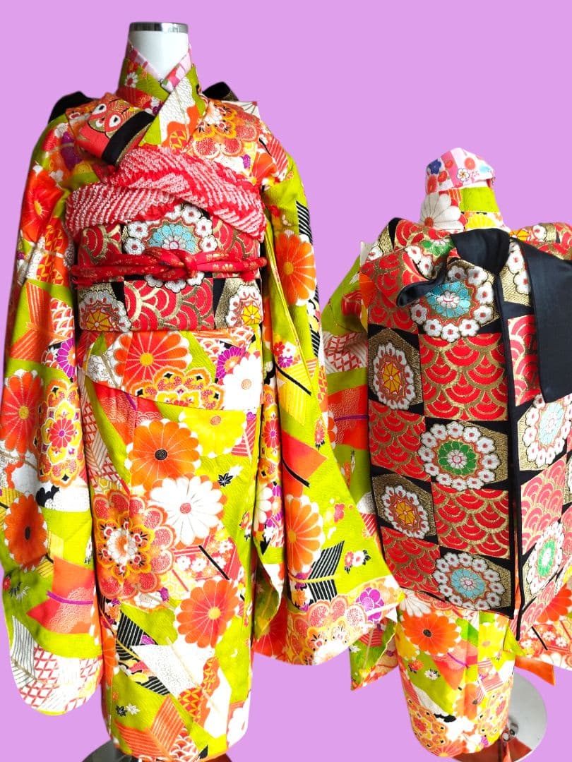 アンティーク黄緑の着物と帯セット