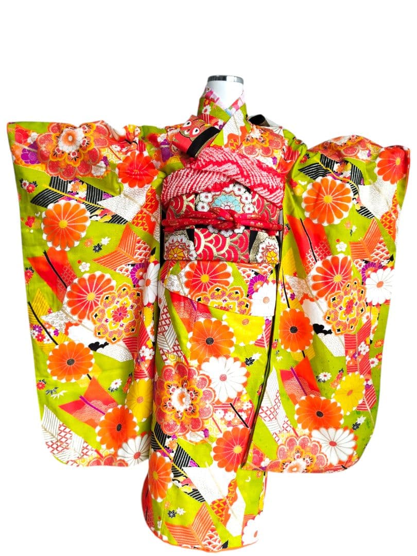 アンティーク黄緑の着物と帯セット