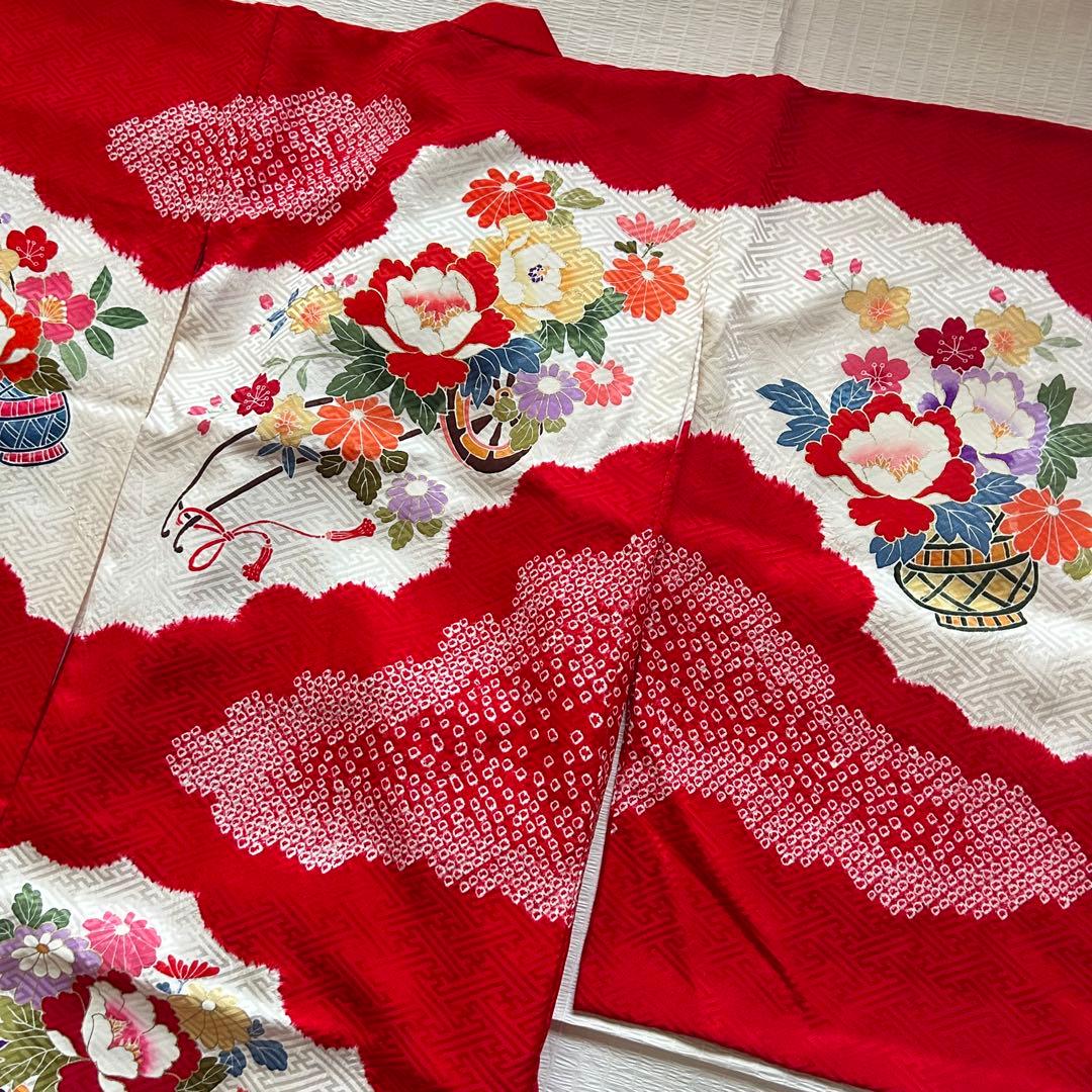 七五三 3歳 フルセット 総絞り 被布 着物 正絹 三歳 草履 巾着 753