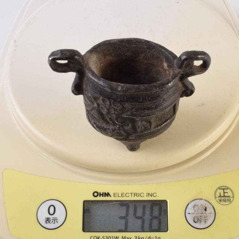 中国 古銅宣徳銅 山水文刻 三足香炉 V R9217