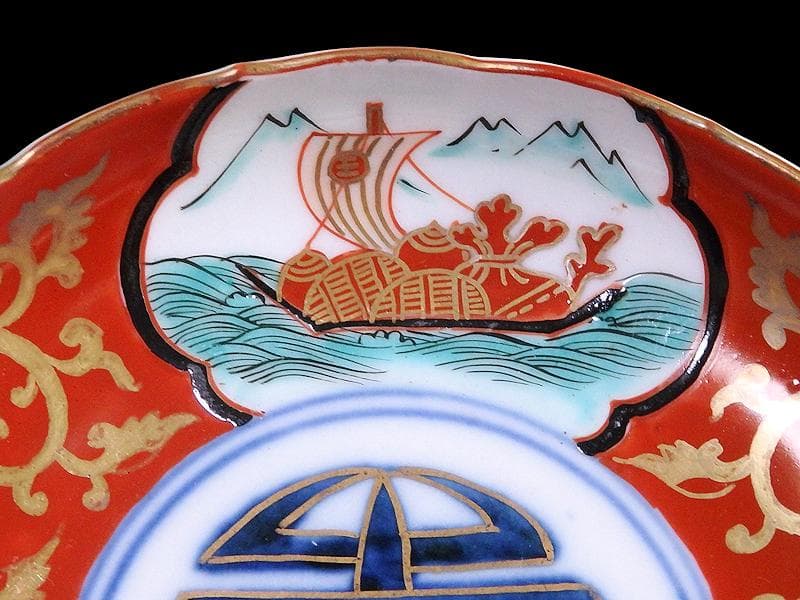 古伊万里　色絵　窓絵　宝船に金唐草の図　４寸皿　５枚　B985AS-CXv