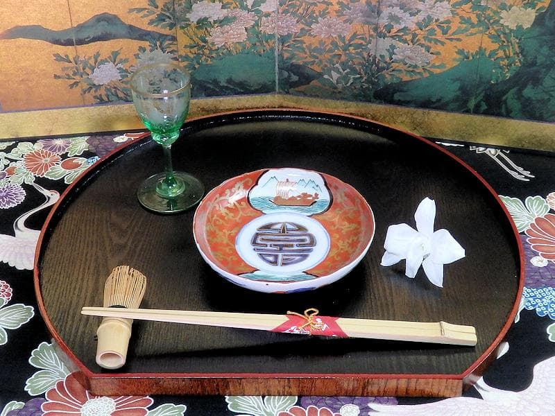 古伊万里　色絵　窓絵　宝船に金唐草の図　４寸皿　５枚　B985AS-CXv