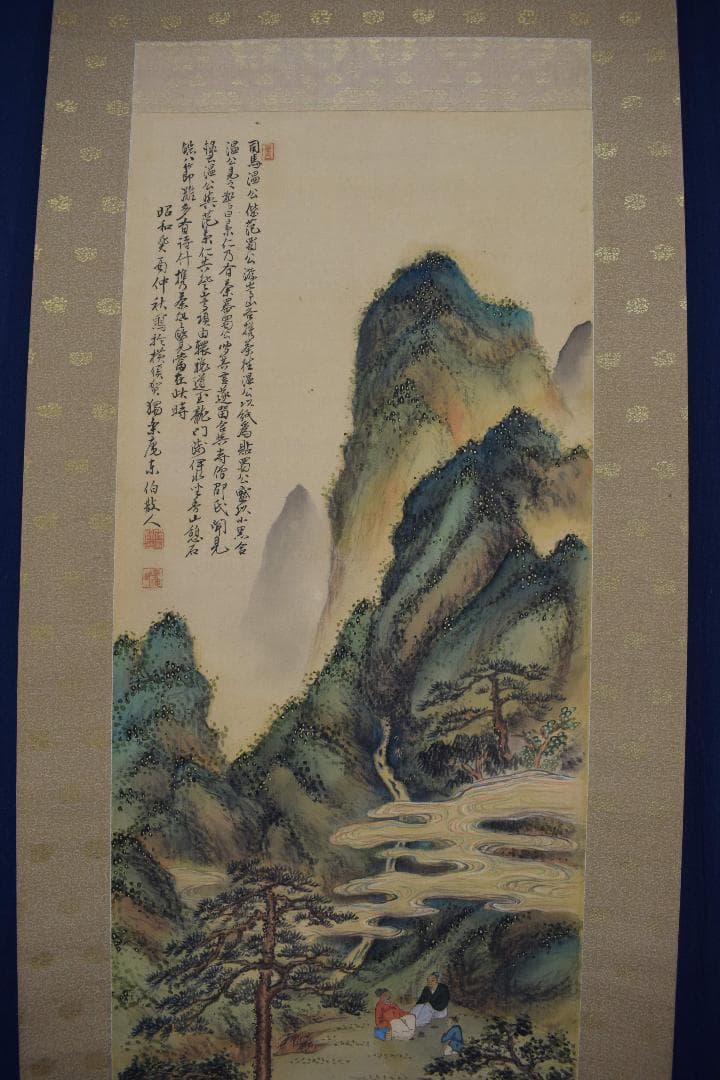 真作】東伯/青緑山水人物画賛/掛軸☆宝船☆Y-167 JM