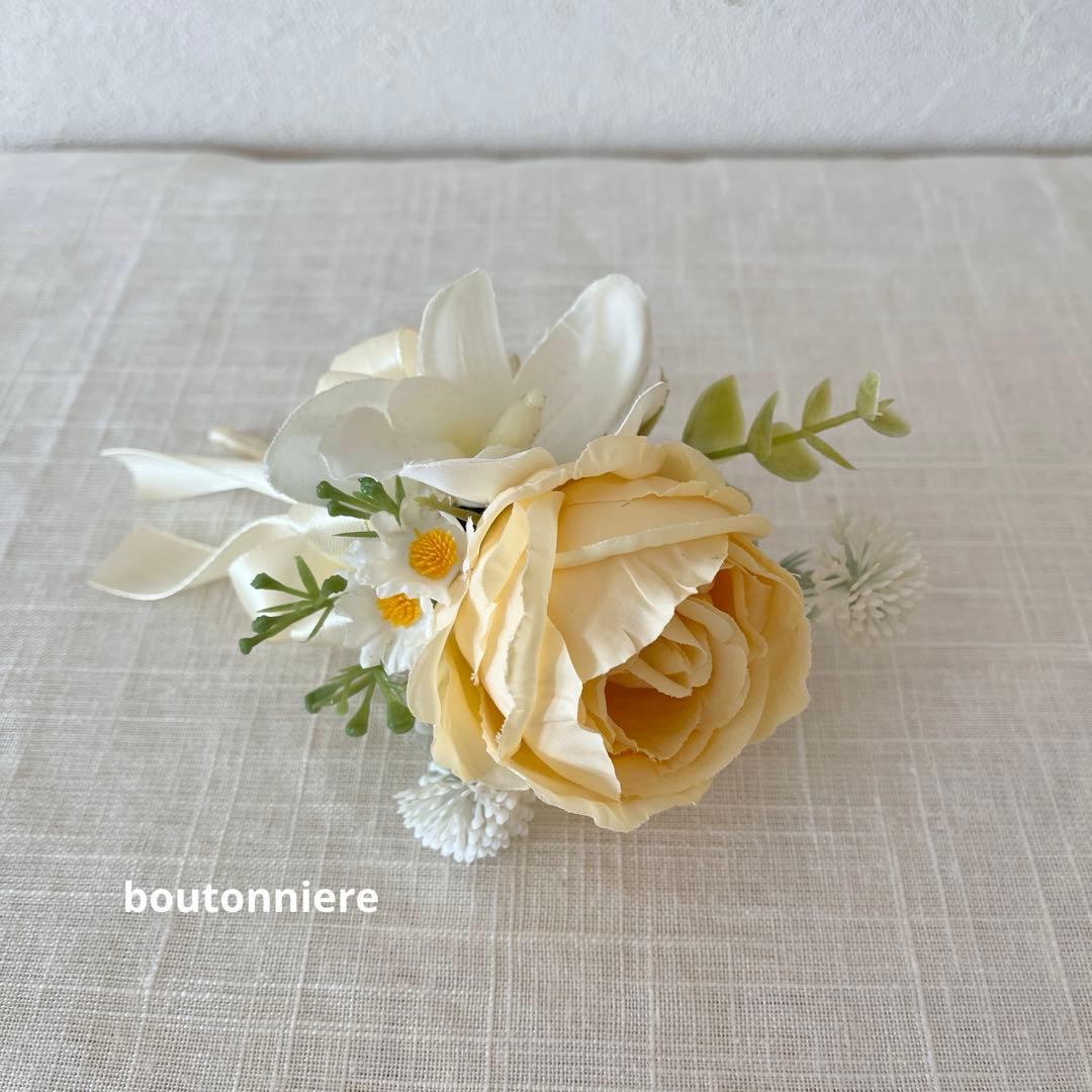 ウェディングブーケとブートニアのセット♡ブライダルブーケ♡イエローブーケ♡ローズ