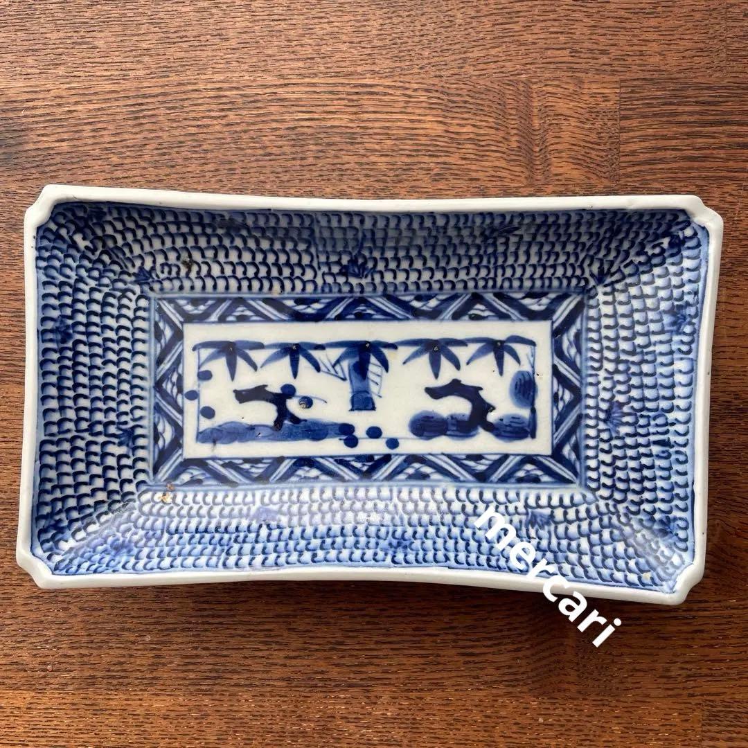 古伊万里染付 微塵唐草 松竹梅 五客揃 長皿5客 骨董アンティーク
