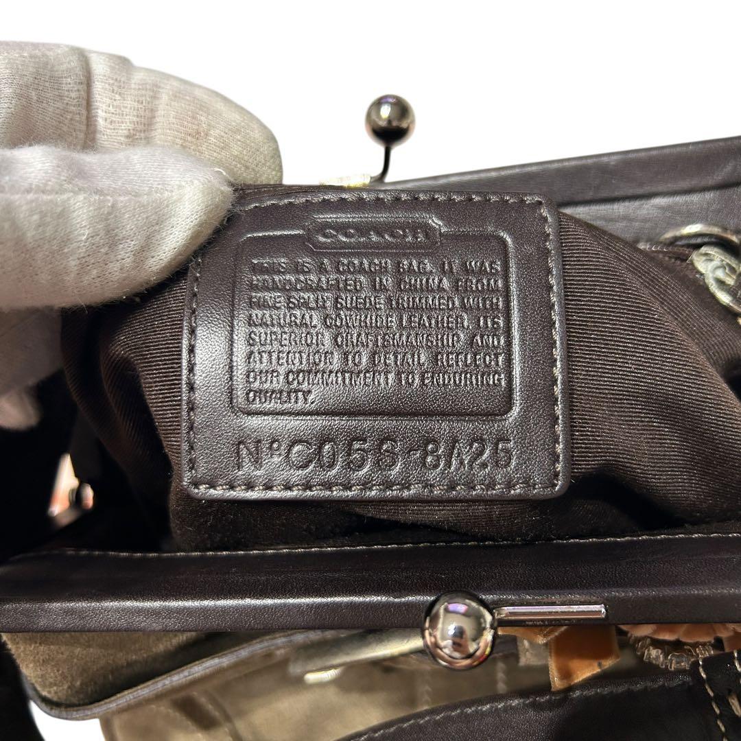 美品 コーチ がま口 ワンショルダー ソーホー ビジュー リボン スウェード 茶