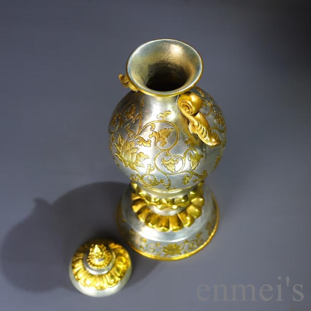 中国古美術 鍍金銅瓶 手彫り 鏨刻 描金 純銅製 花器 床の間飾り古賞物 古擺件