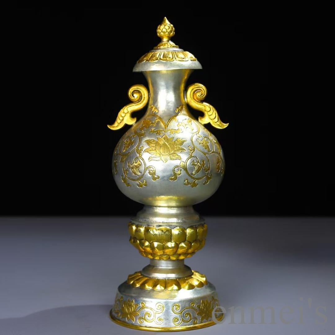 中国古美術 鍍金銅瓶 手彫り 鏨刻 描金 純銅製 花器 床の間飾り古賞物