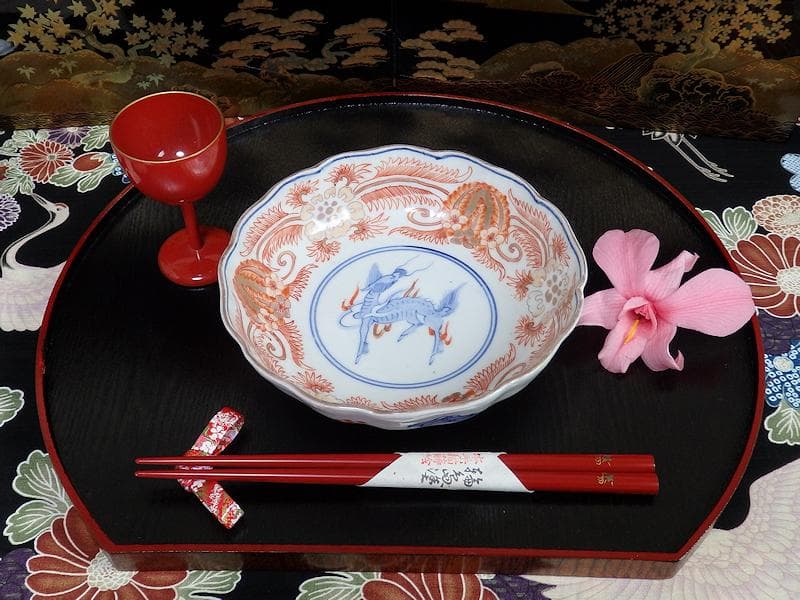 古伊万里 赤絵 草花紋に麒麟の図 膾皿 2客 D119AS-BVx