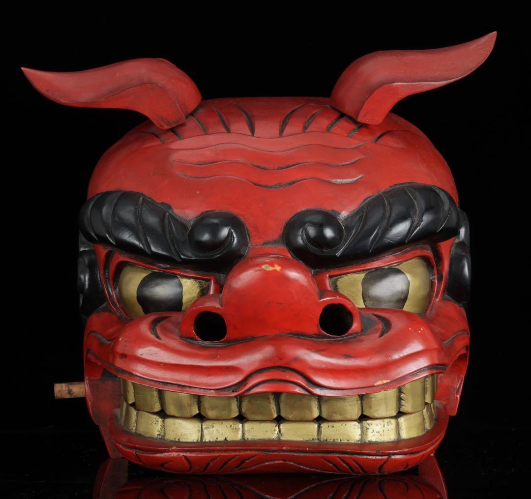 時代物 木彫獅子頭 朱漆塗金彩 幅34cm 獅子舞 神楽面 魔除 縁起物 骨董