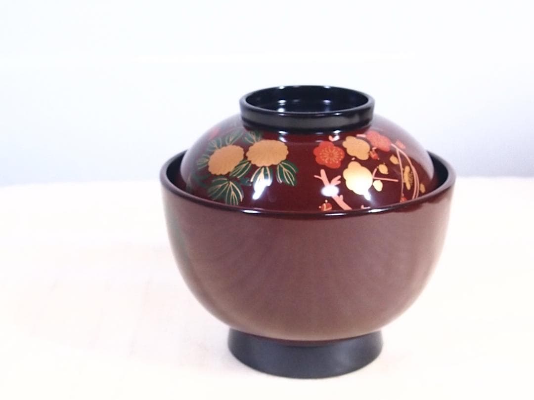 【中古・焼けあり】輪島塗 花の丸四君子蒔絵 雑煮椀5客 煮物椀/丼椀 武田漆器店