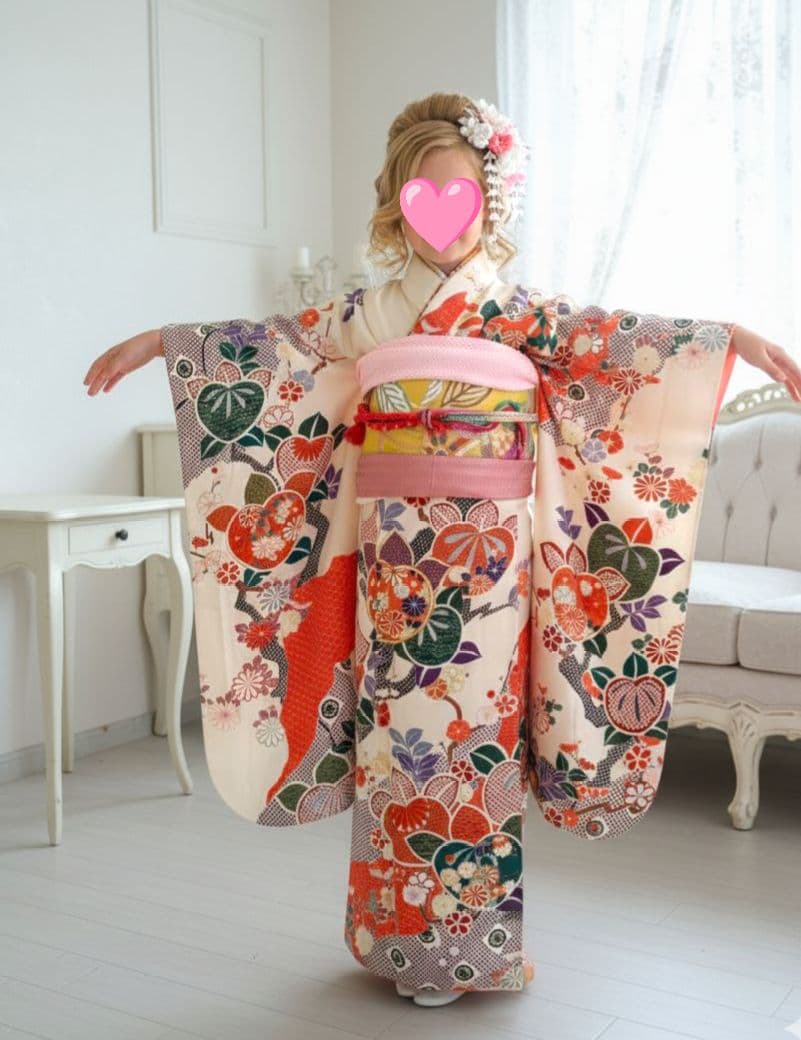 正絹クリーム色着物とイエロー系薔薇の花作り帯セット