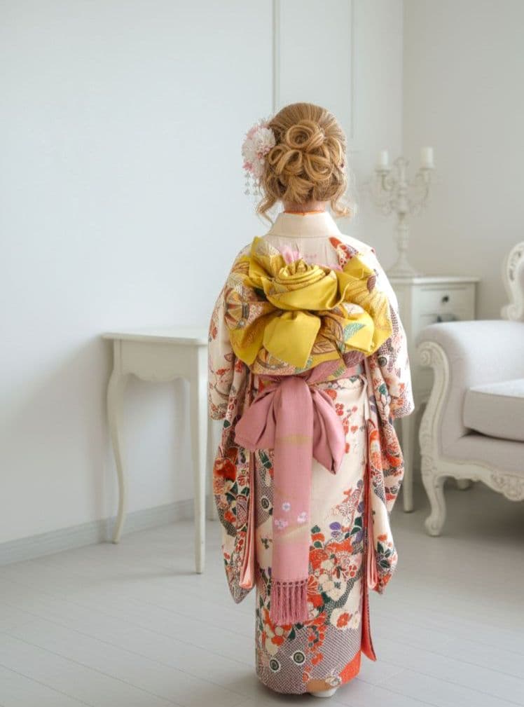 正絹クリーム色着物とイエロー系薔薇の花作り帯セット