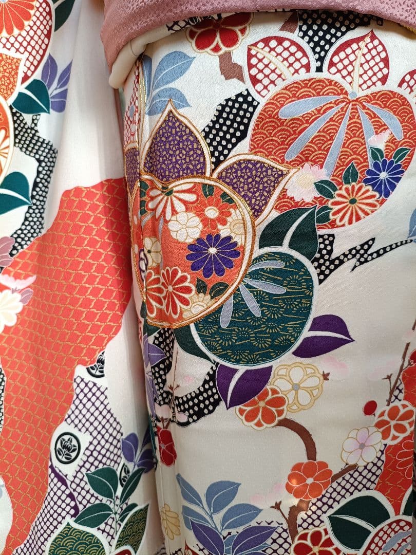 正絹クリーム色着物とイエロー系薔薇の花作り帯セット