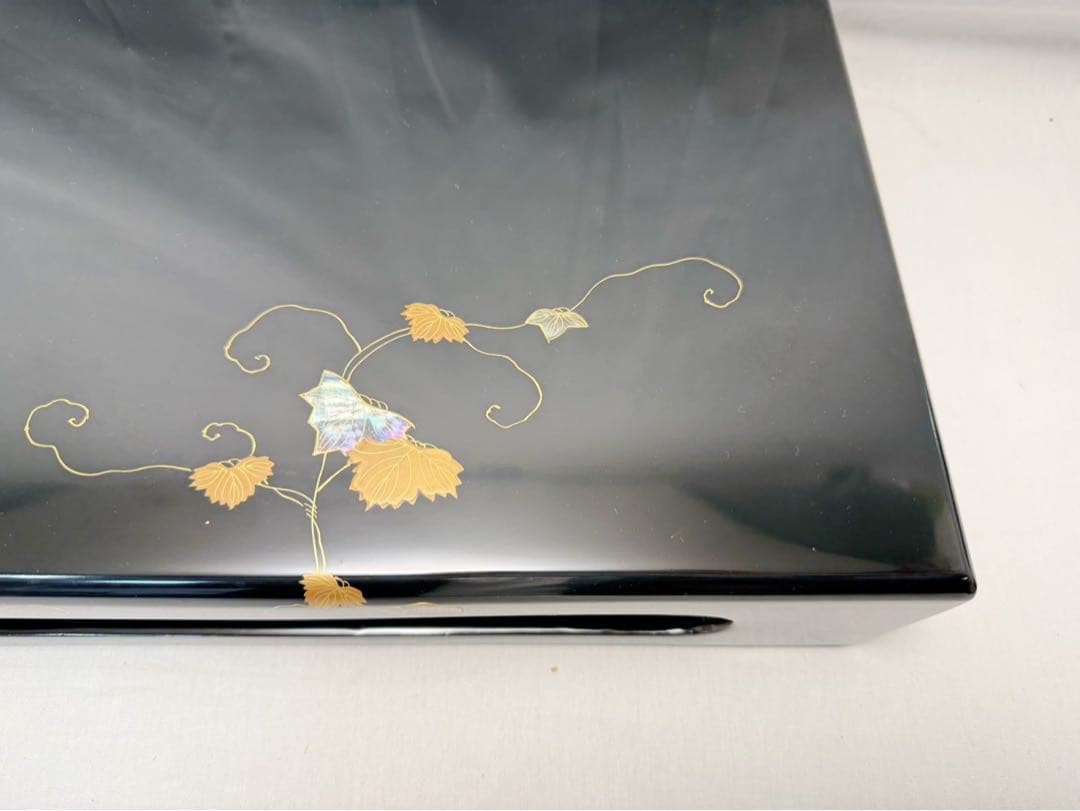 ほぼ未使用 華道具 木製黒真塗 花蒔絵 螺鈿付 花台 飾台 置台 盆栽台 共箱