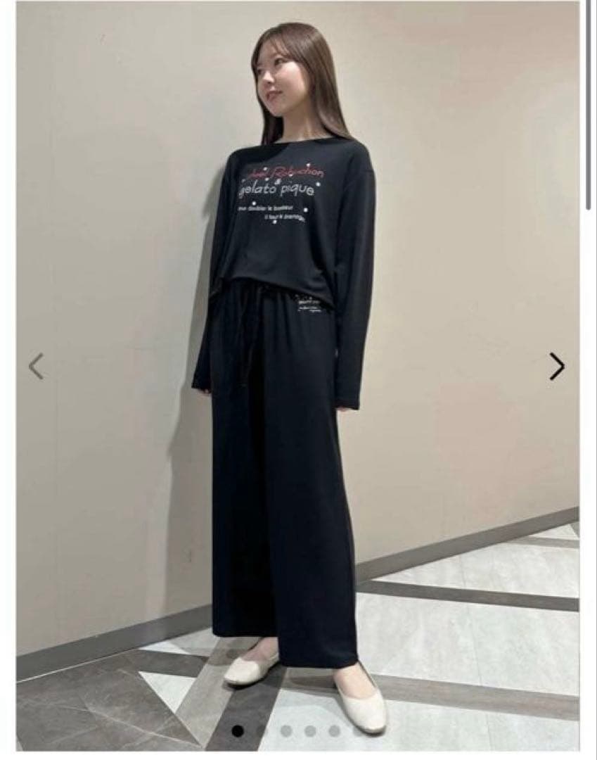 ジェラピケ　ドットワンポイント　ロンT ブラック　ロングパンツセット