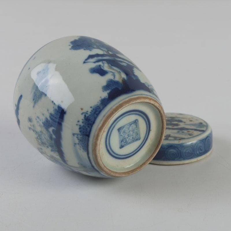 中国 青花 山水花鳥文 蓋壷 Z 8619