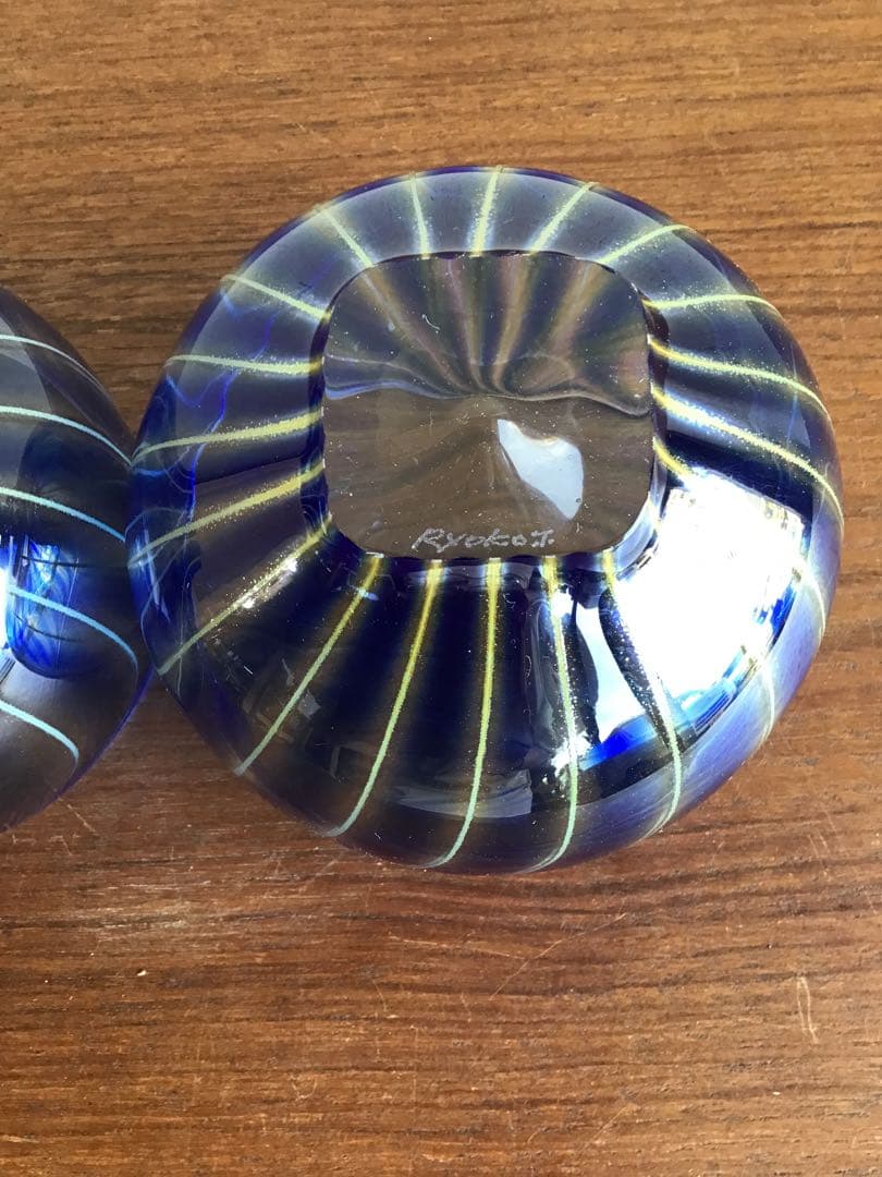 高梨良子作 縞ガラス ぐい呑み 小鉢 サラダボウル 2個セット