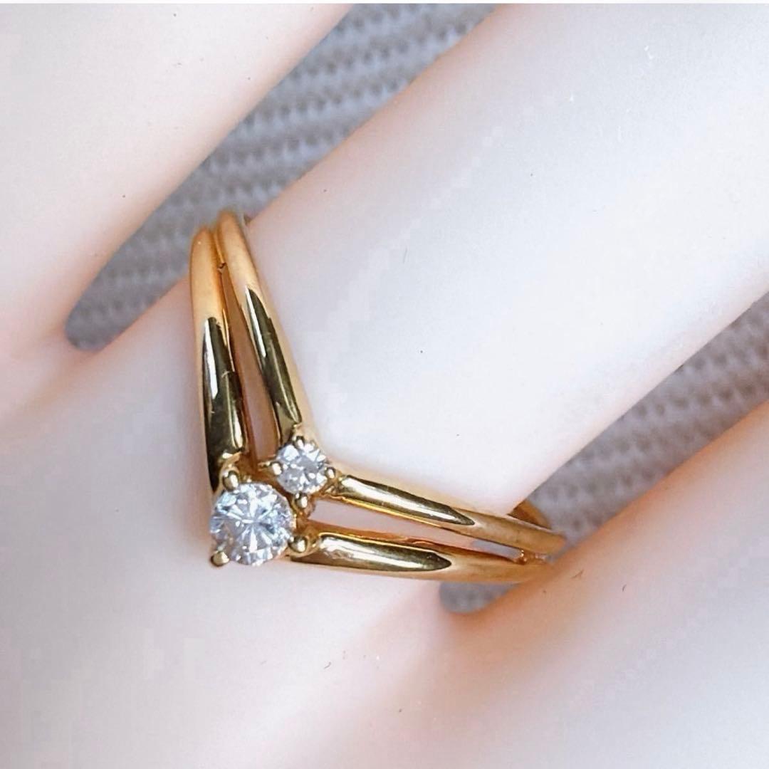 【1541】 K18 天然ダイヤモンド 2連 透かし V字 11.5〜12号