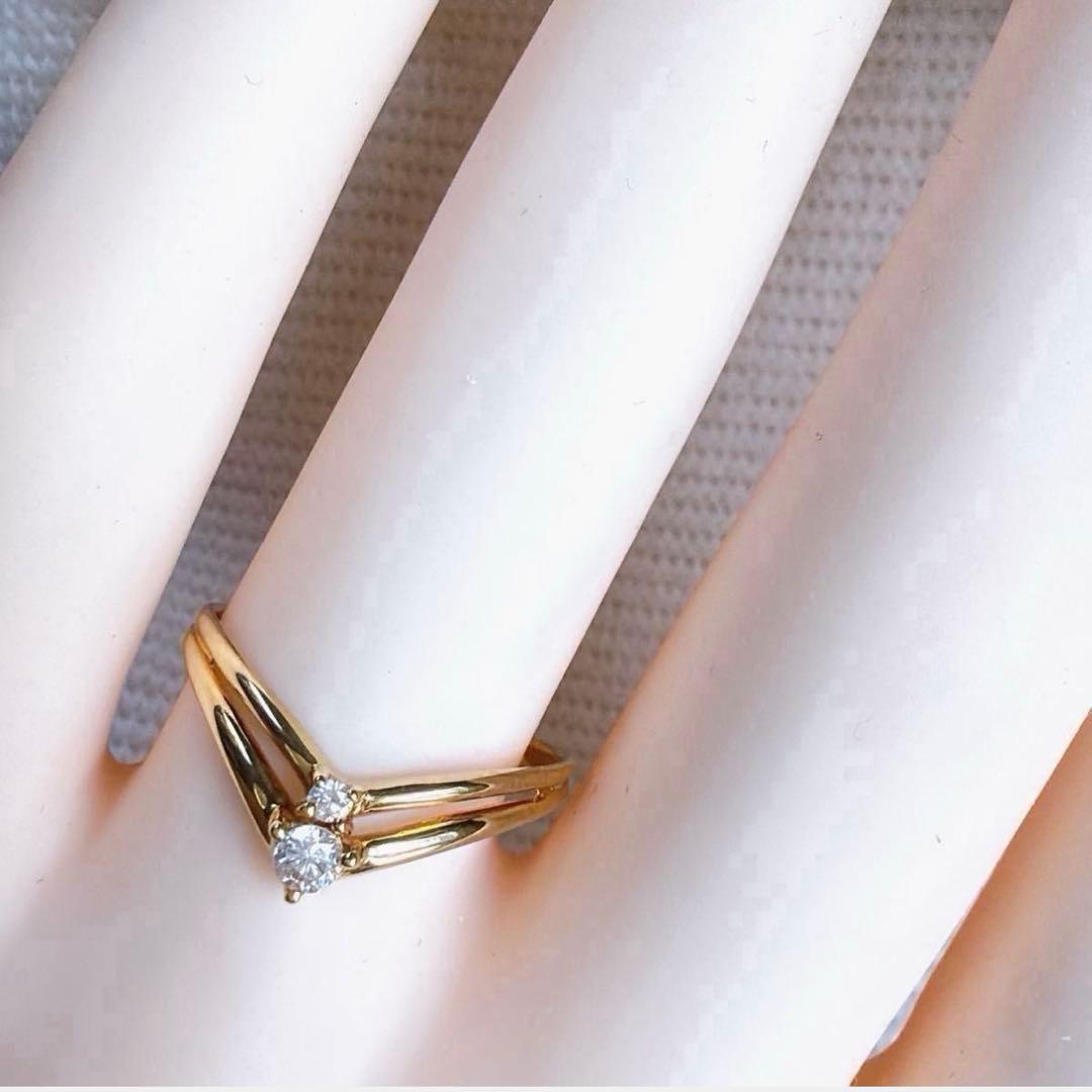 【1541】 K18 天然ダイヤモンド 2連 透かし V字 11.5〜12号