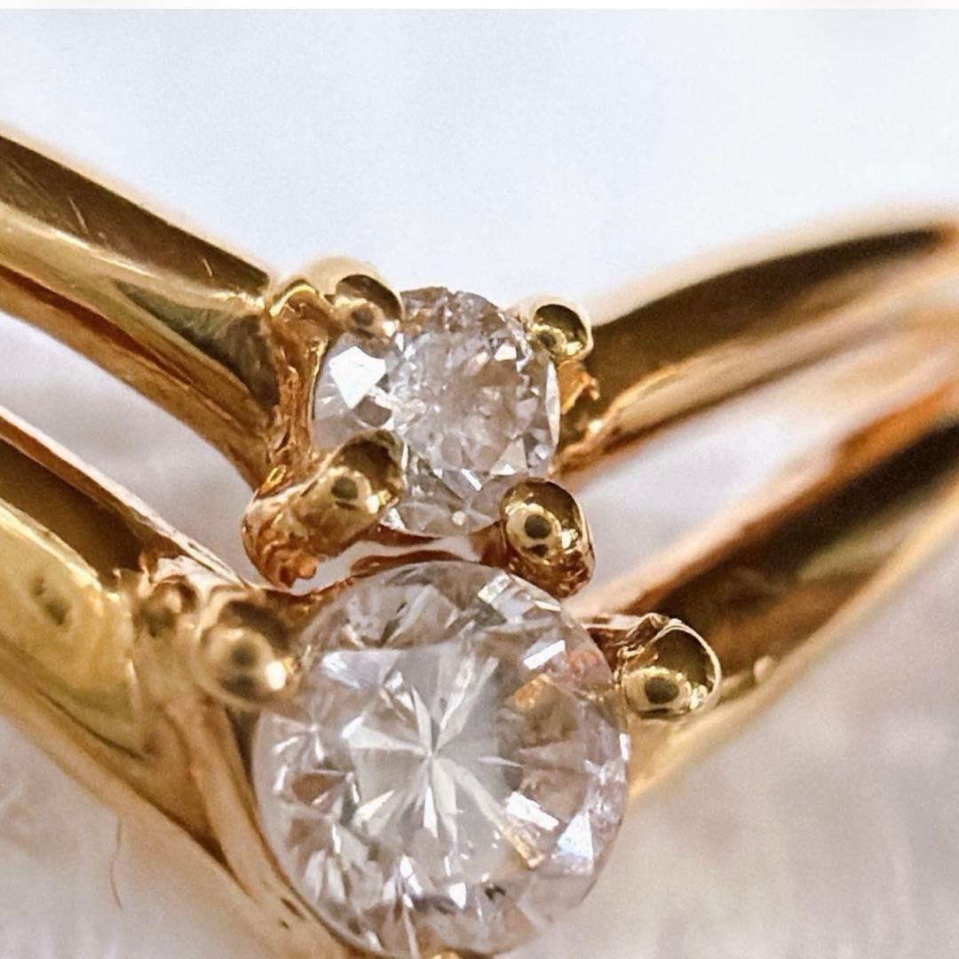 【1541】 K18 天然ダイヤモンド 2連 透かし V字 11.5〜12号