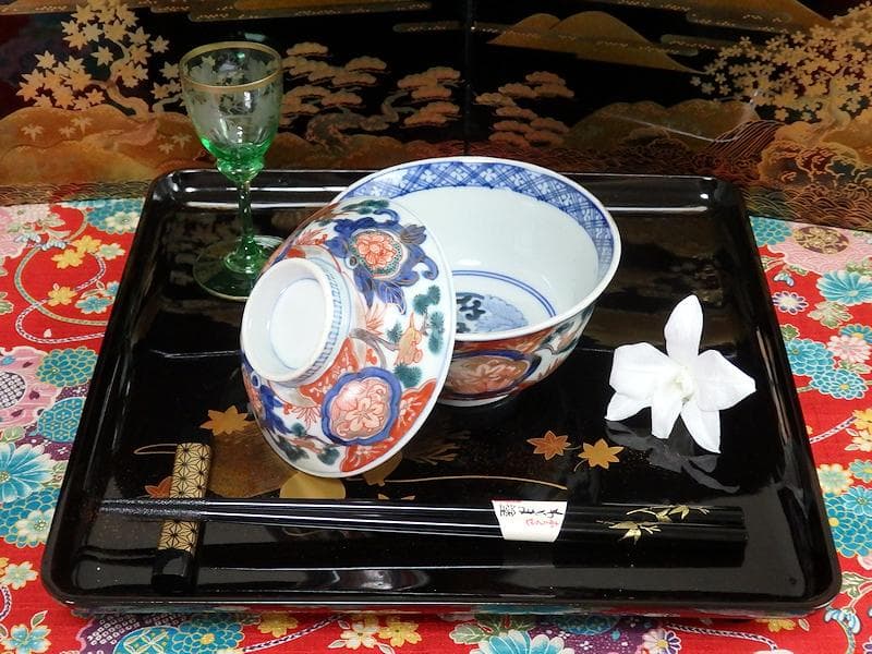 古伊万里金襴手窓絵花鳥紋の図蓋茶碗5客C884AS-CEv
