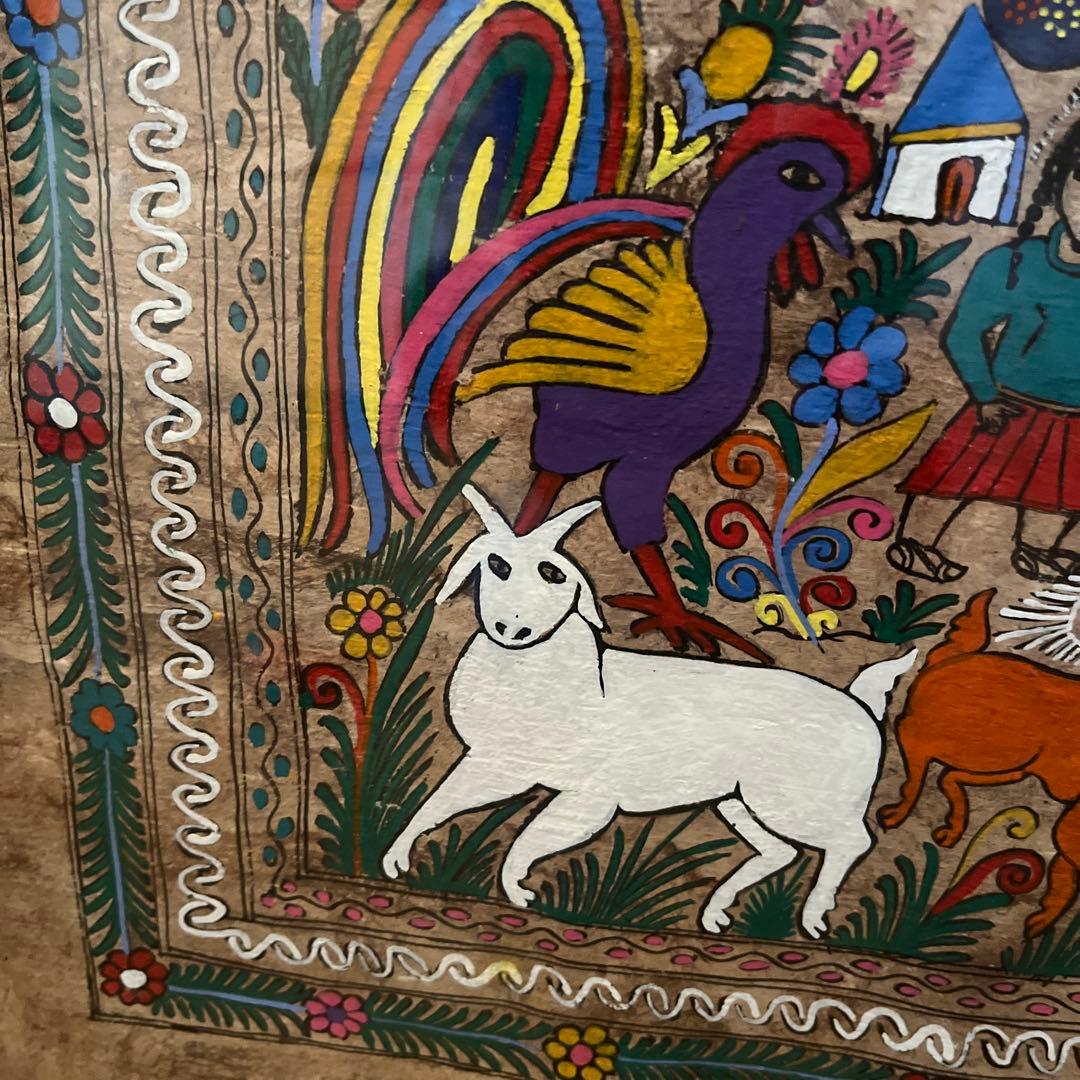 メキシコ 　アマテ(木の皮)絵  伝統アート　手描き 額縁　額装