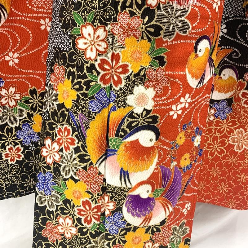 504ag67□七五三 七歳 女児 着物&袋帯 総絞り風 金彩 鴛鴦□状態良好