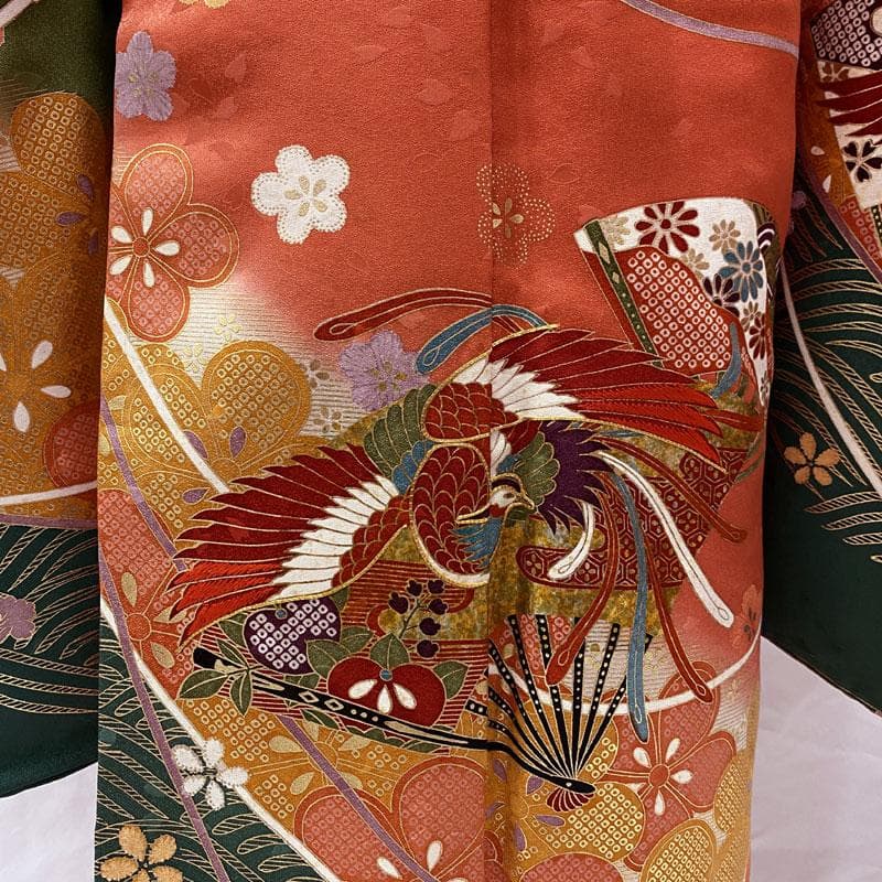 504ag79◎七五三 七歳 女児 着物&袋帯&長襦袢 鳳凰扇梅 金彩 刺繍◎