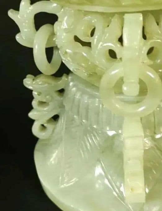 未使用 岫玉 特大香炉 天然石 龍 遊環 透かし彫り 入れ子の珠 極上