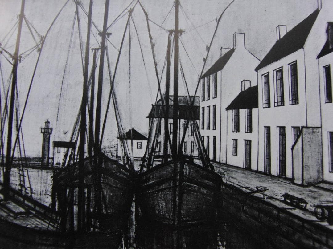 ベルナール・ビュッフェ、「Bateaux a Quai」、希少画集の額装画