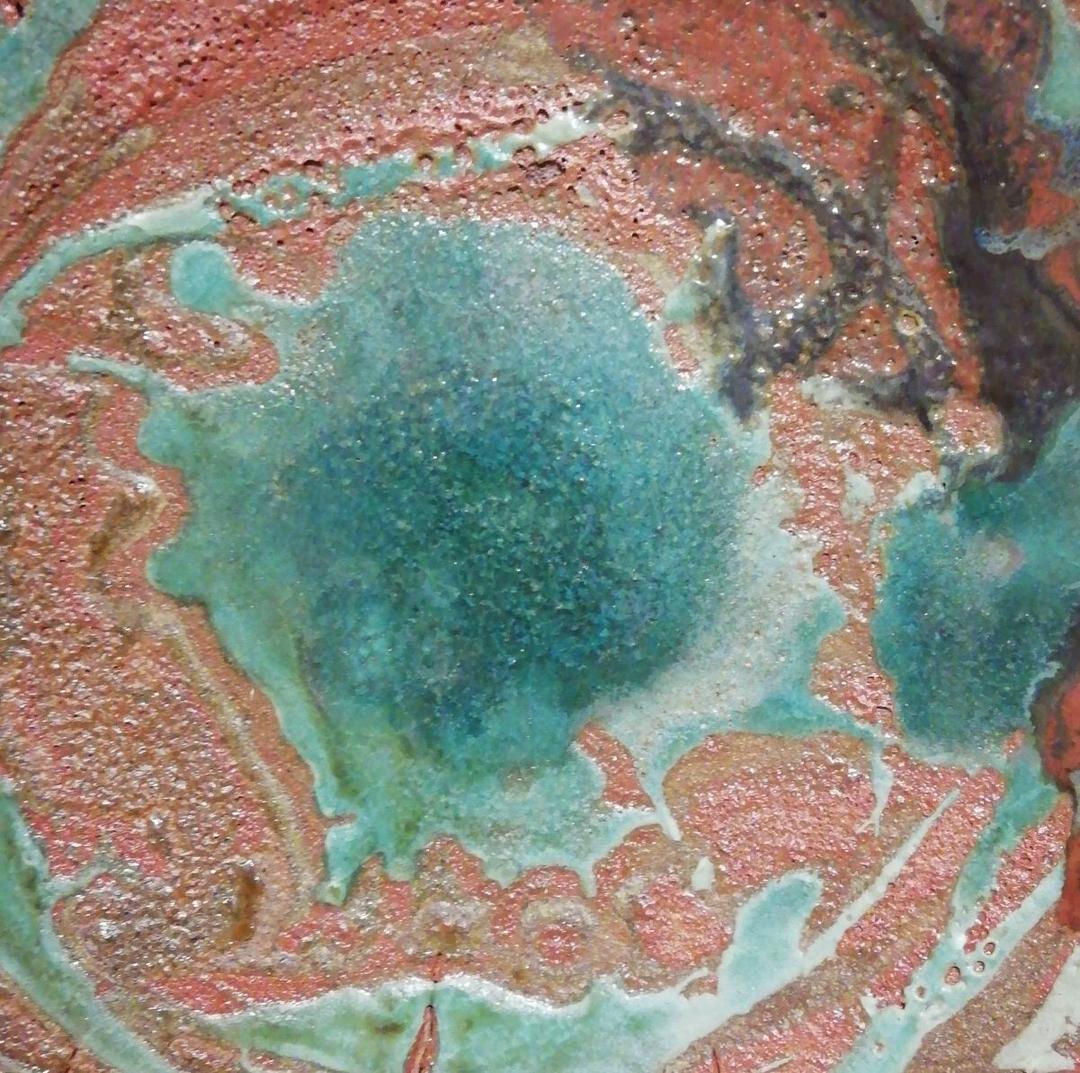 松井康成作 織部釉額皿 織部焼 共箱 略歴付