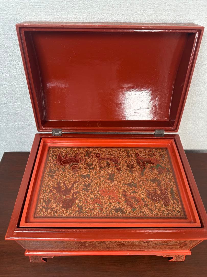 ミャンマー アンティーク 漆器 蒟醤 キンマ 細密画 入れ子 収納箱※31※