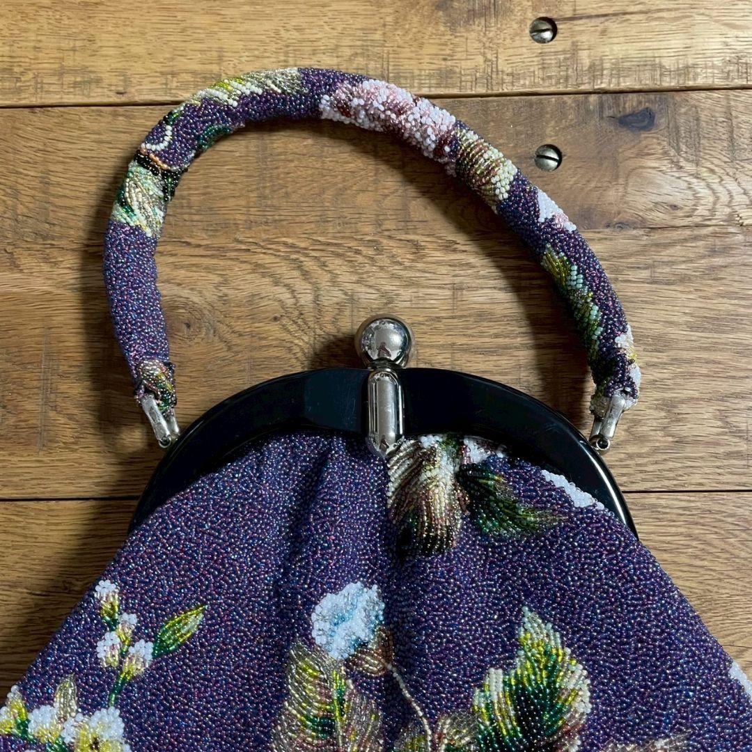 ビンテージ　ビーズバッグ　がま口　花柄　総柄　昭和レトロ　着物　和装