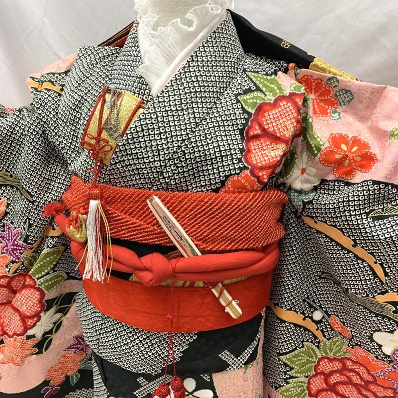 504ag9,帯揚げ帯締めしごき□七五三 七歳 女児 着物&袋帯 金彩 絞り風